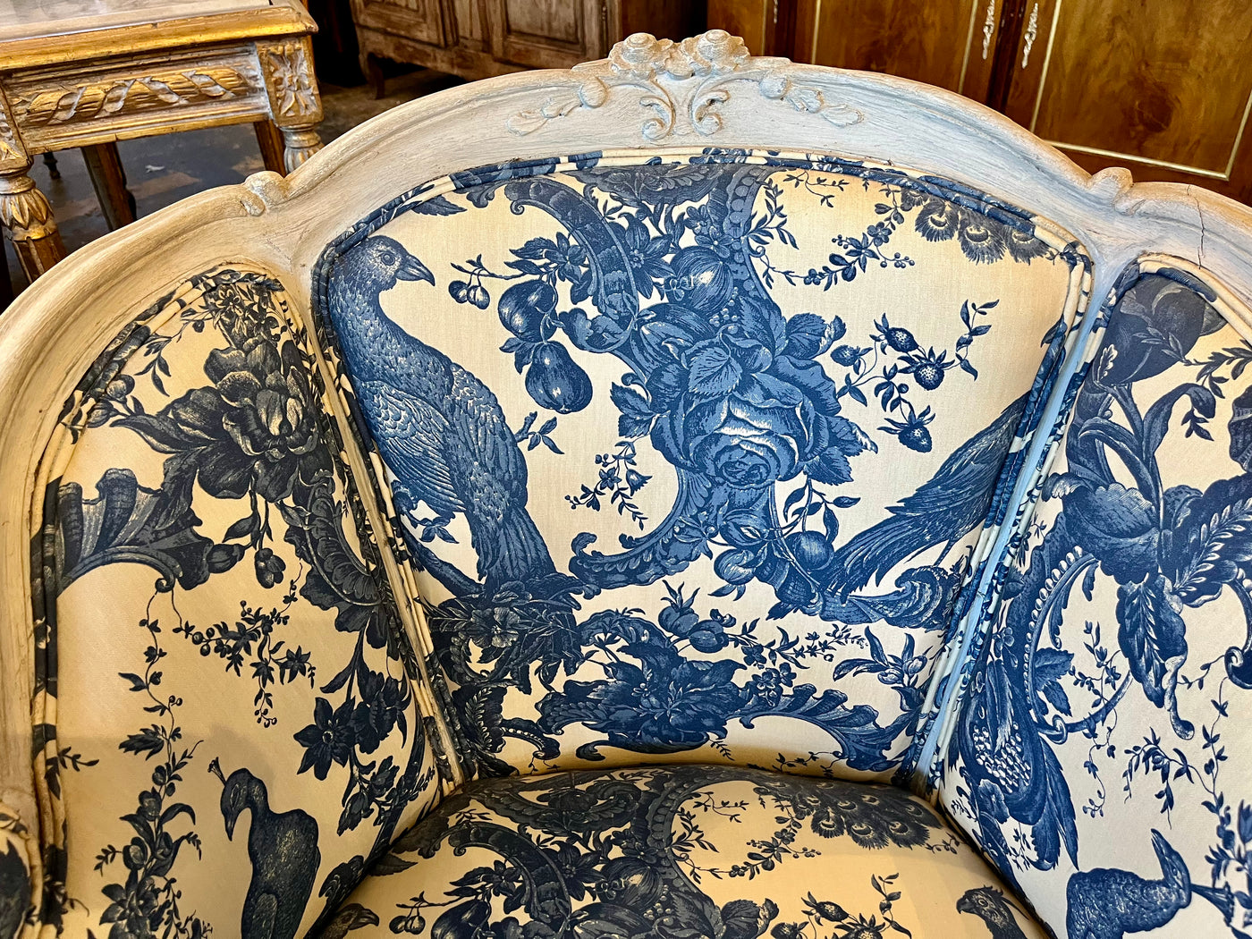 Pair of Louis XV Armchairs in Blue & Cream Bird Print