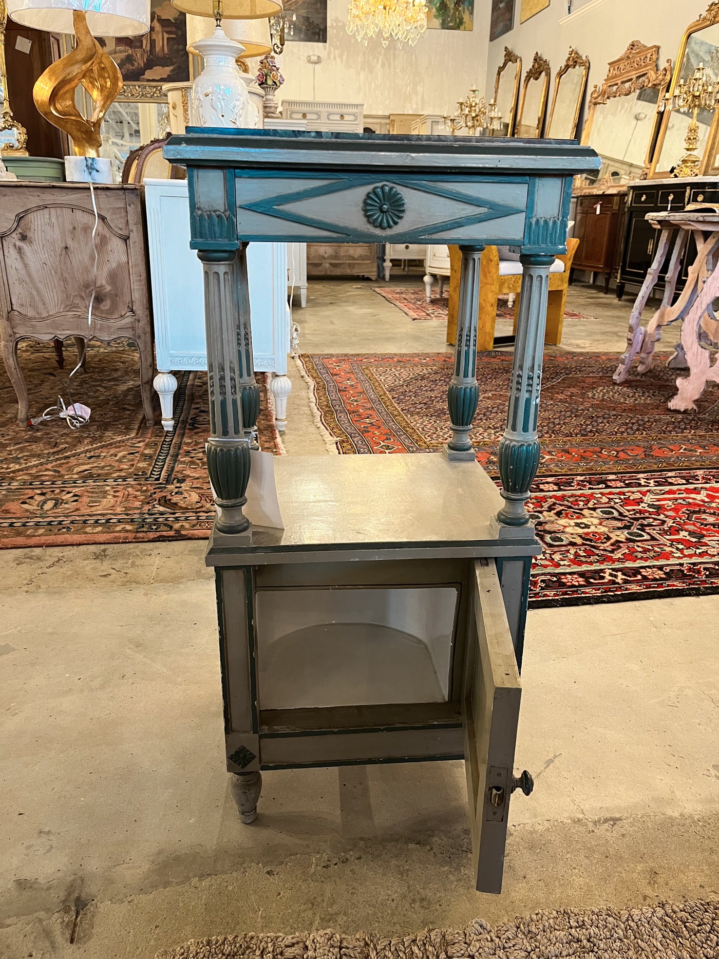 Louis XVI Soft Teal French Side Table with Door and Drawer | Le Chateau | European Luxury Furniture in Atlanta