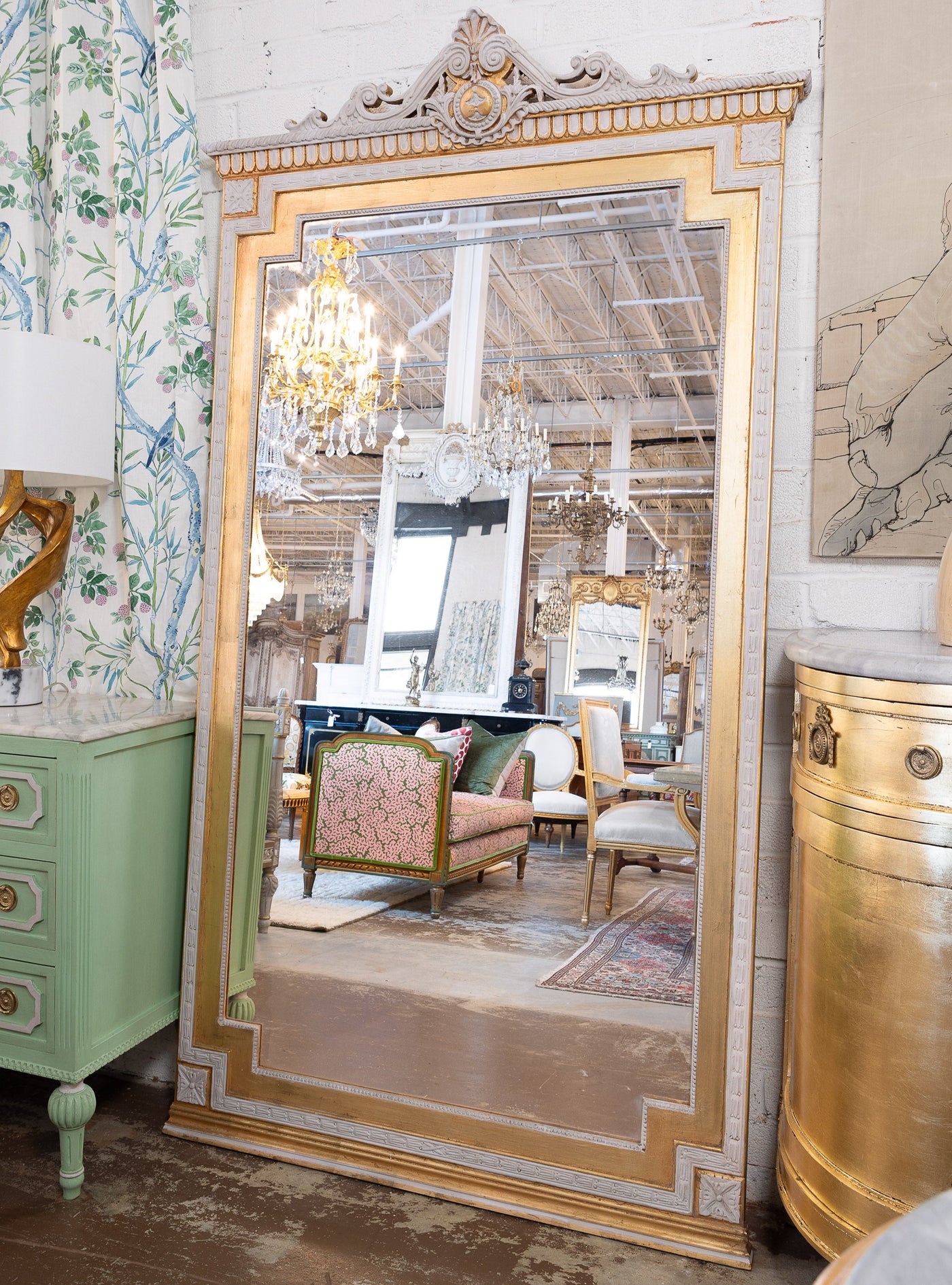 Grey and Gold French Floor Length Ornate Mirror