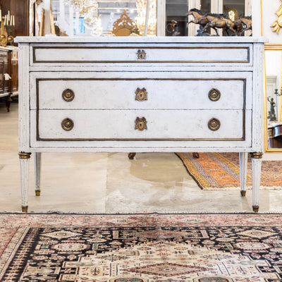 Louis XVI 3-Drawer Chest – White Distressed Finish with Marble Top