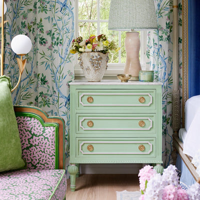 Green Swedish Nightstand with Open Trim and Marble Top