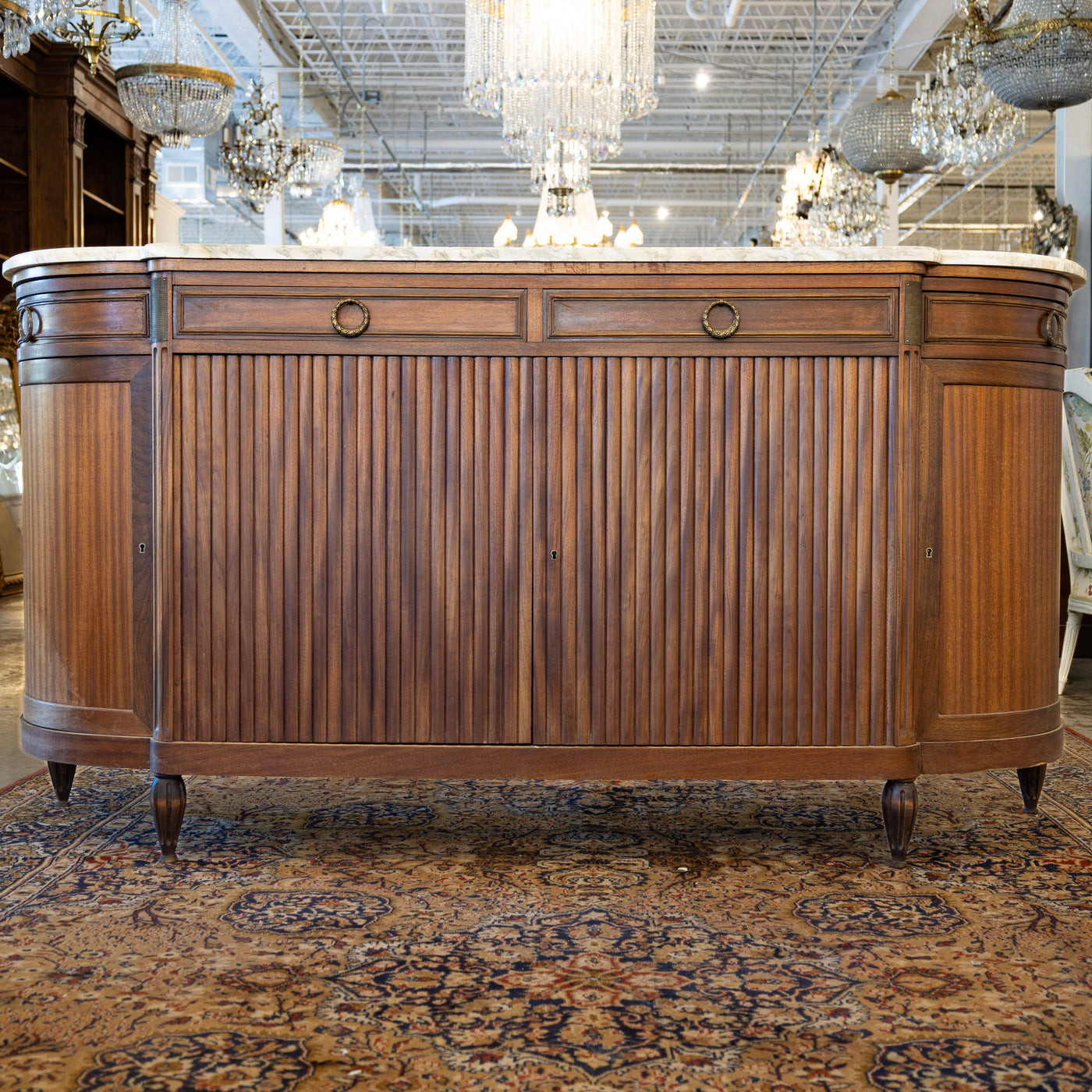 Louis XVI Demilune Sideboard – Reeded Front & White Marble Top with Sliding Side Doors