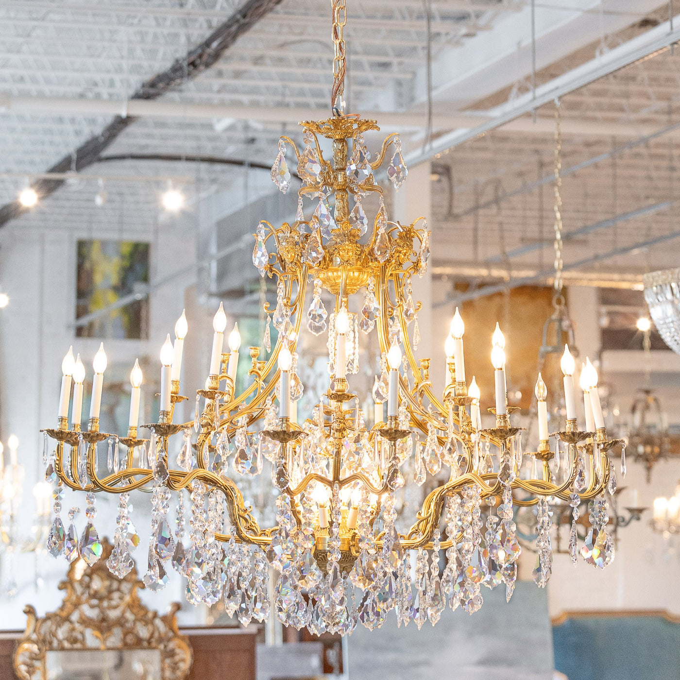 Louis XVI Grand Gilded Brass & Swarovski Crystal Chandelier