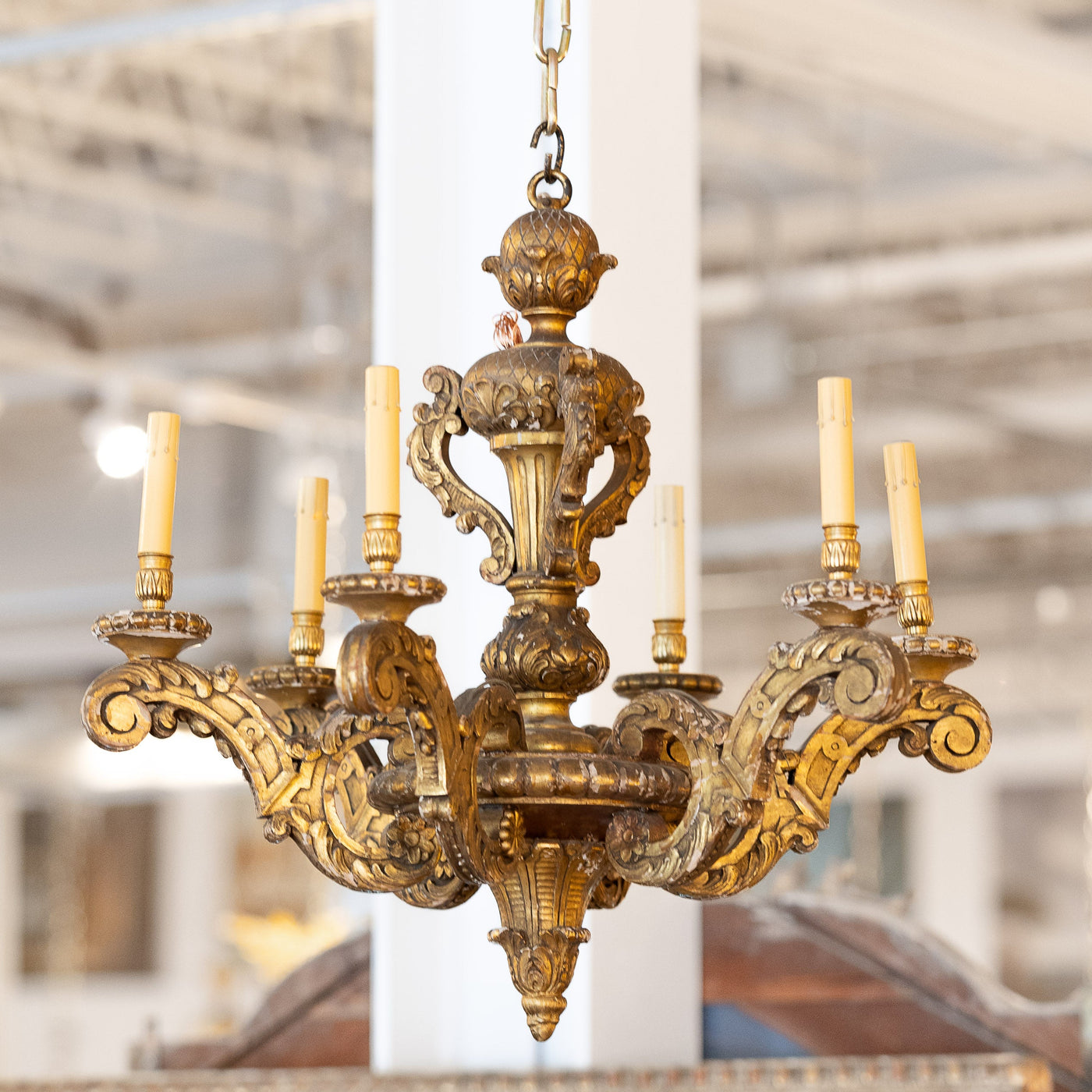 Louis XVI Petite Gilded Wood Chandelier – Six-Light with Carved Scroll Arms