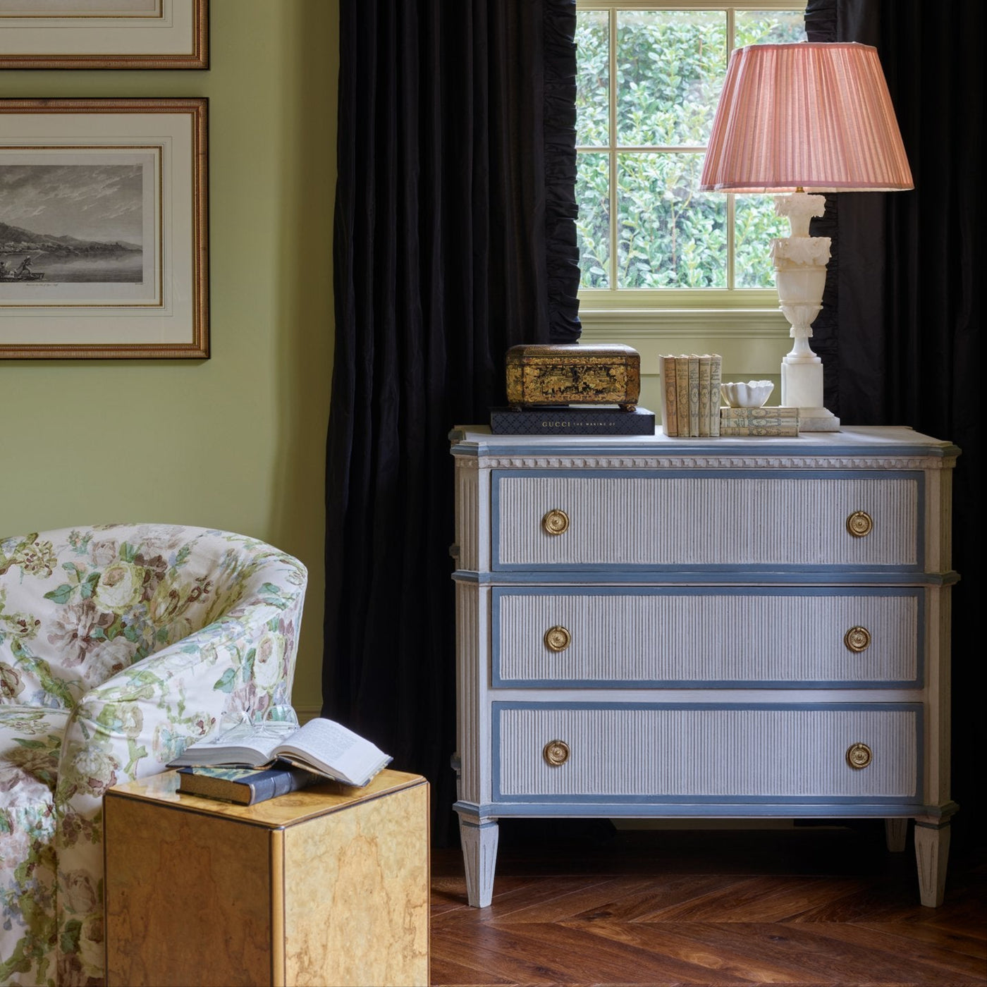 Antique Gray Swedish Vertical Reed Chest with French Blue Trim