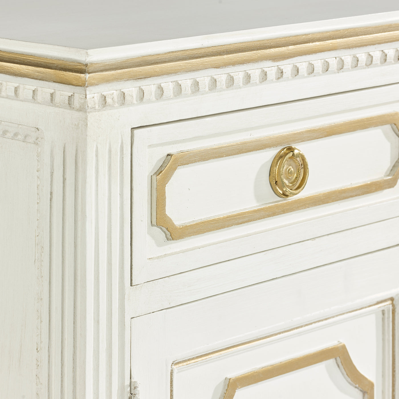 White Antique Swedish Sideboard with Gold Trim Detail | Le Chateau | European Luxury Furniture in Atlanta