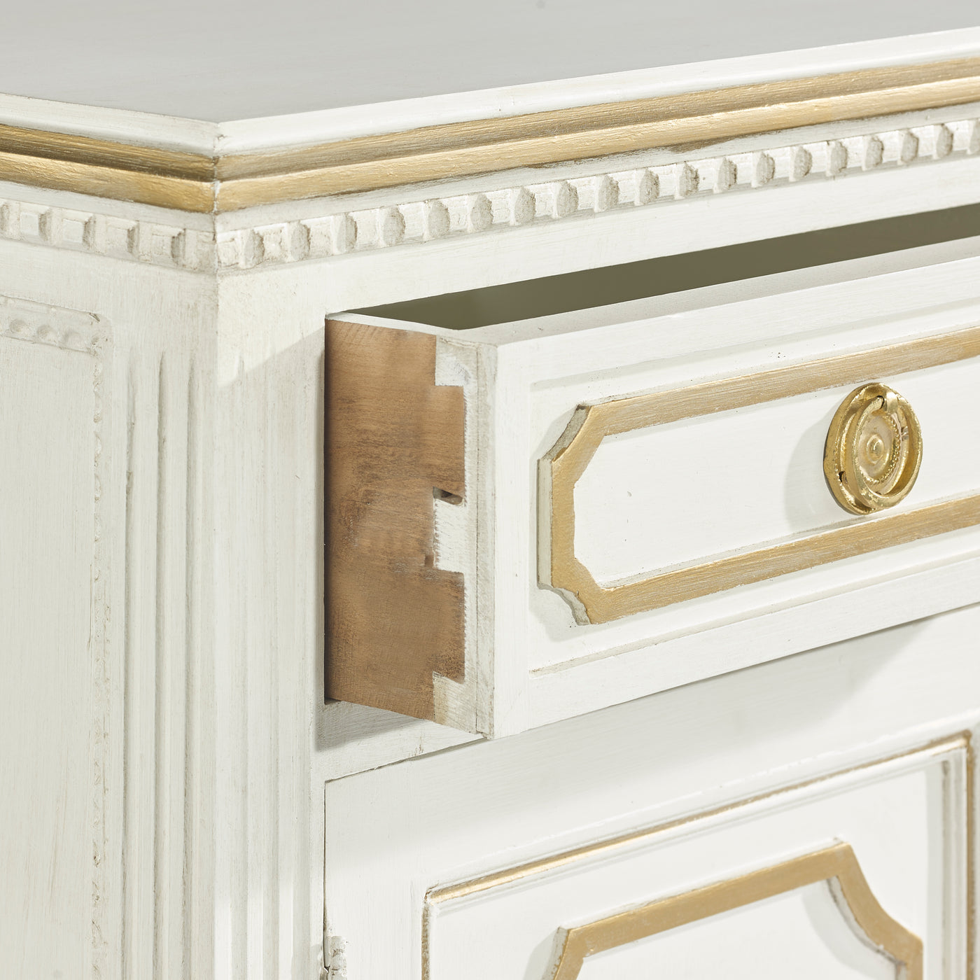 White Antique Swedish Sideboard with Gold Trim Detail | Le Chateau | European Luxury Furniture in Atlanta