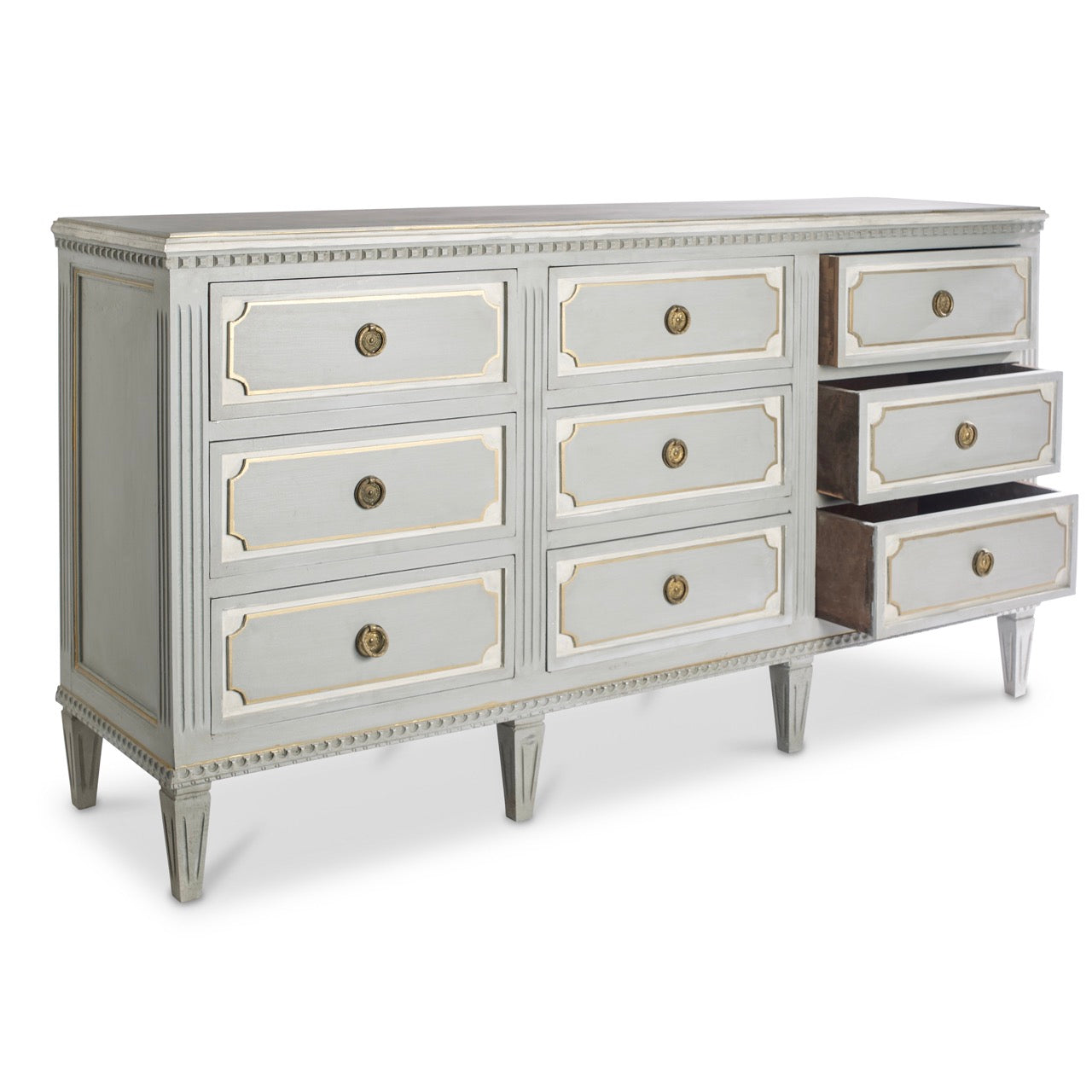Swedish 9 Drawer Dresser in Light Blue with White and Gold Trim Le Chateau Swedish 9 Drawer Dresser in Light Blue with White and Gold Trim Le Chateau