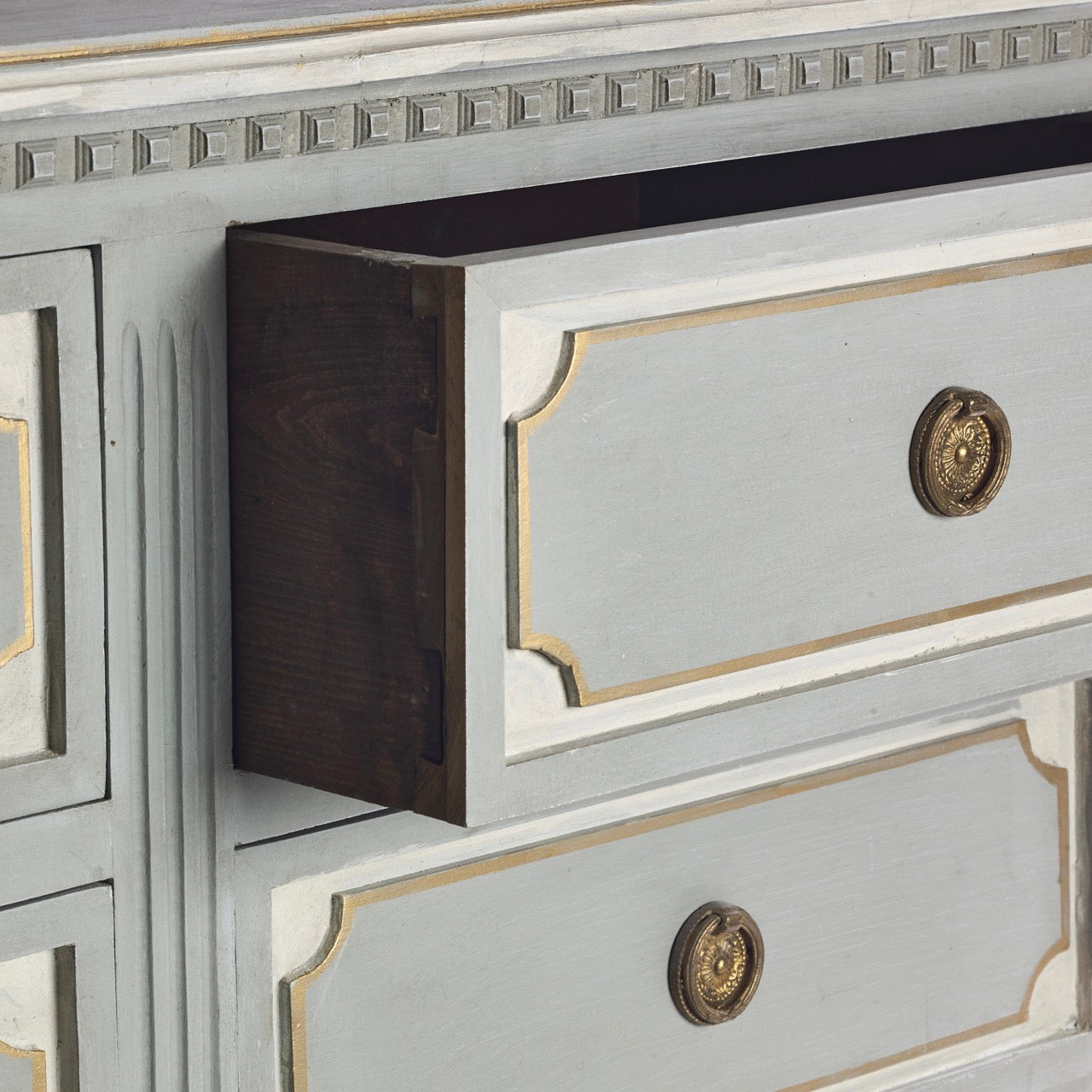 Swedish 9 Drawer Dresser in Light Blue with White and Gold Trim Swedish 9 Drawer Dresser in Light Blue with White and Gold Trim